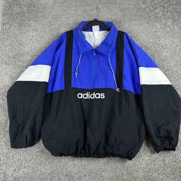 Vintage Adidas Jacket Mens XL Blue Black Anorak Quarter Zip Made Hong Kong 90s - Picture 2 of 16